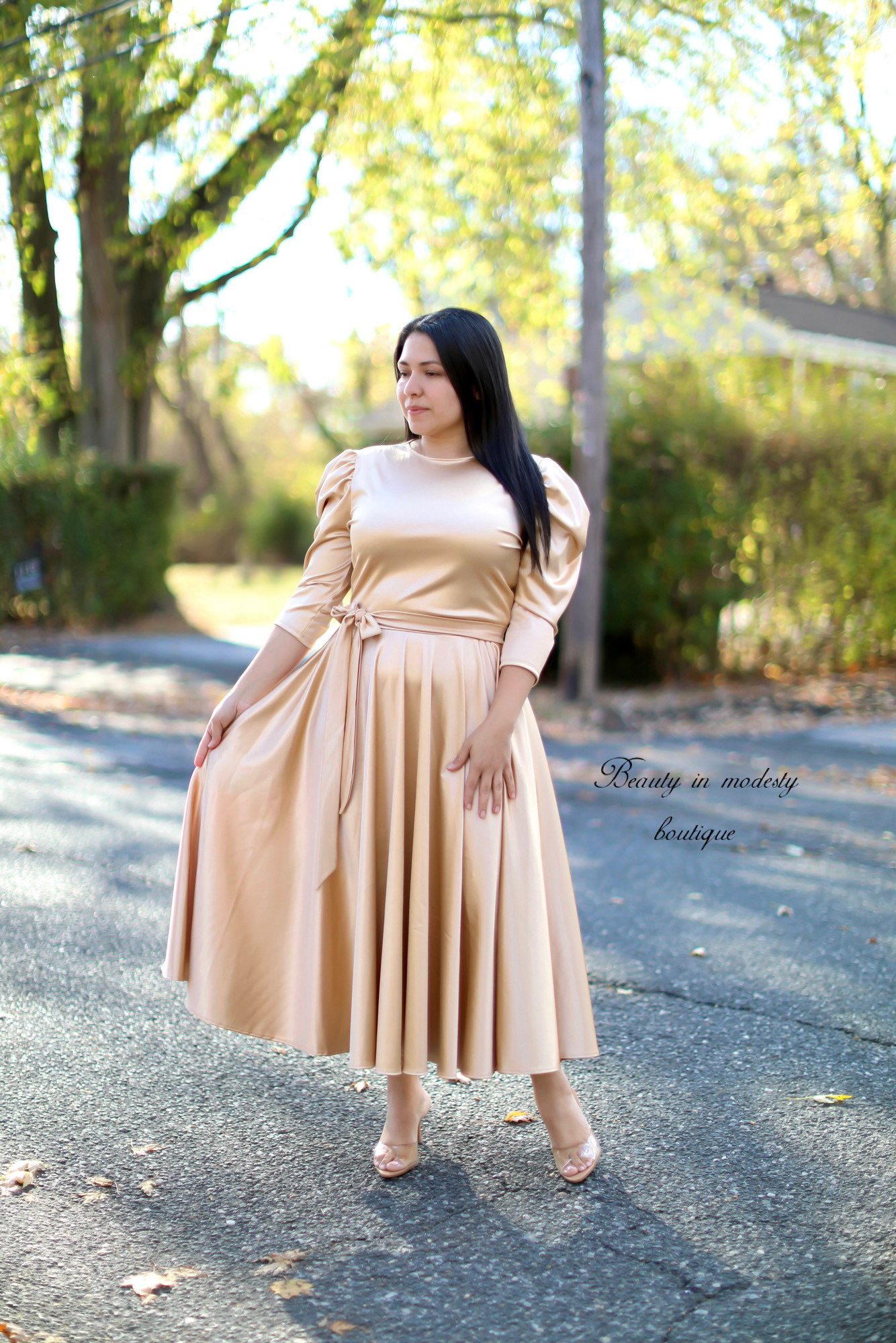 Champagne Satin Midi Dress