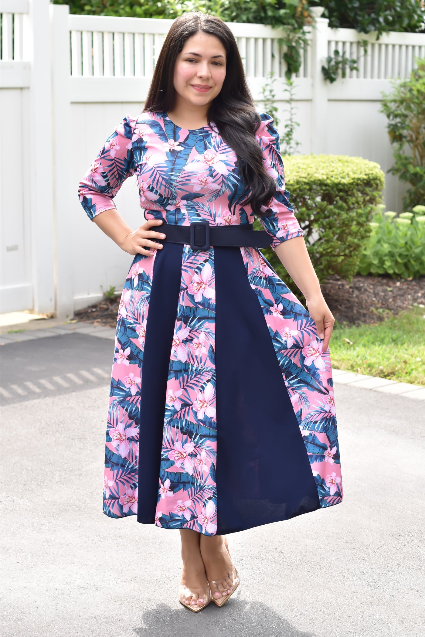Navy Floral Belted Maxi Dress