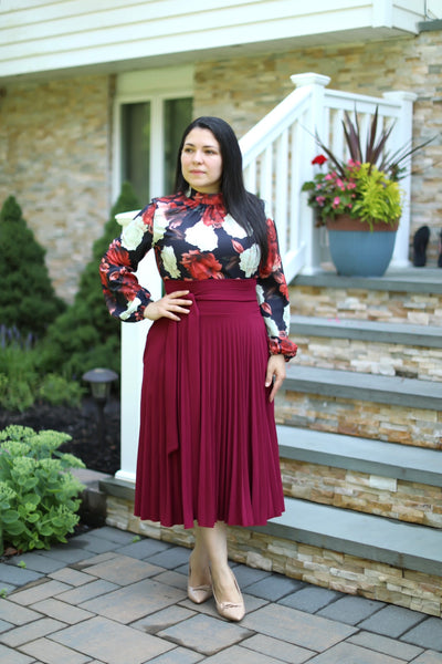 Pleated Burgundy Midi Skirt