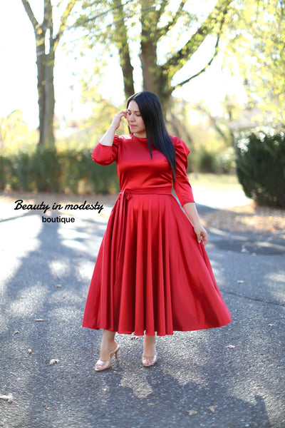 Red Satin Midi Dress