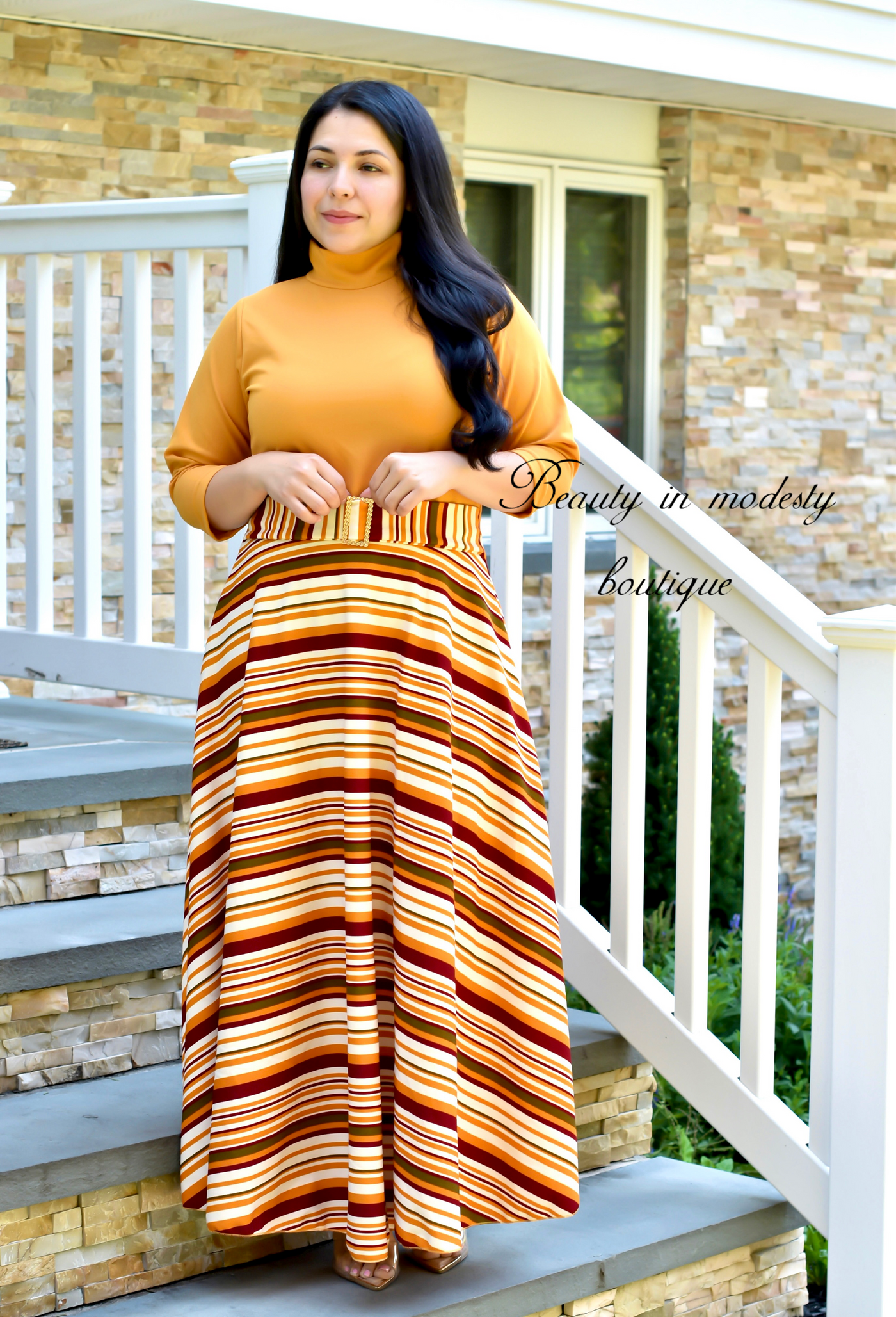 High Neck Striped Maxi Dress