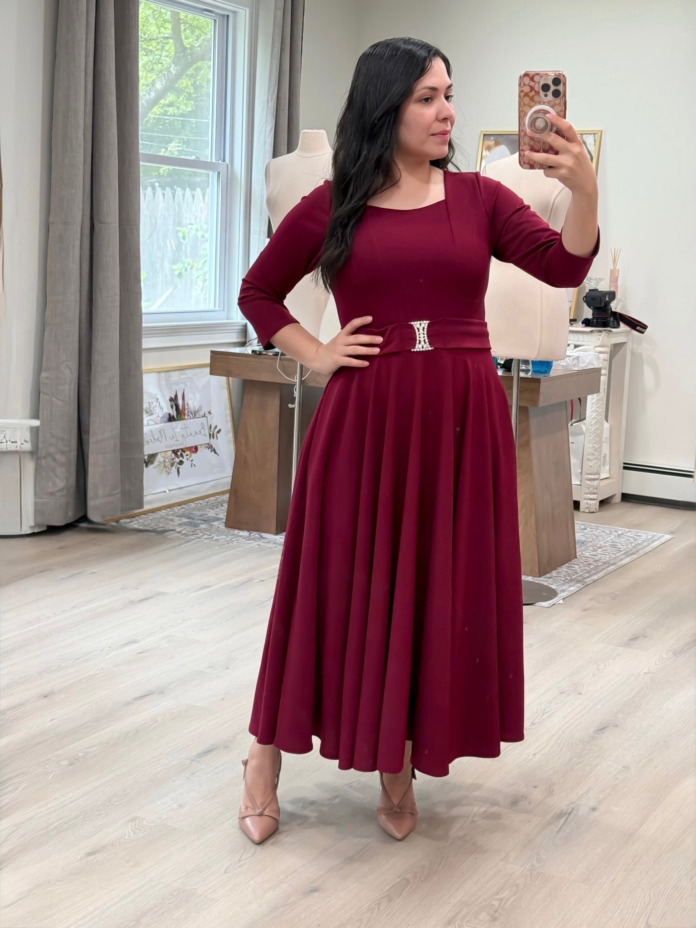 Burgundy Buckle Midi Dress