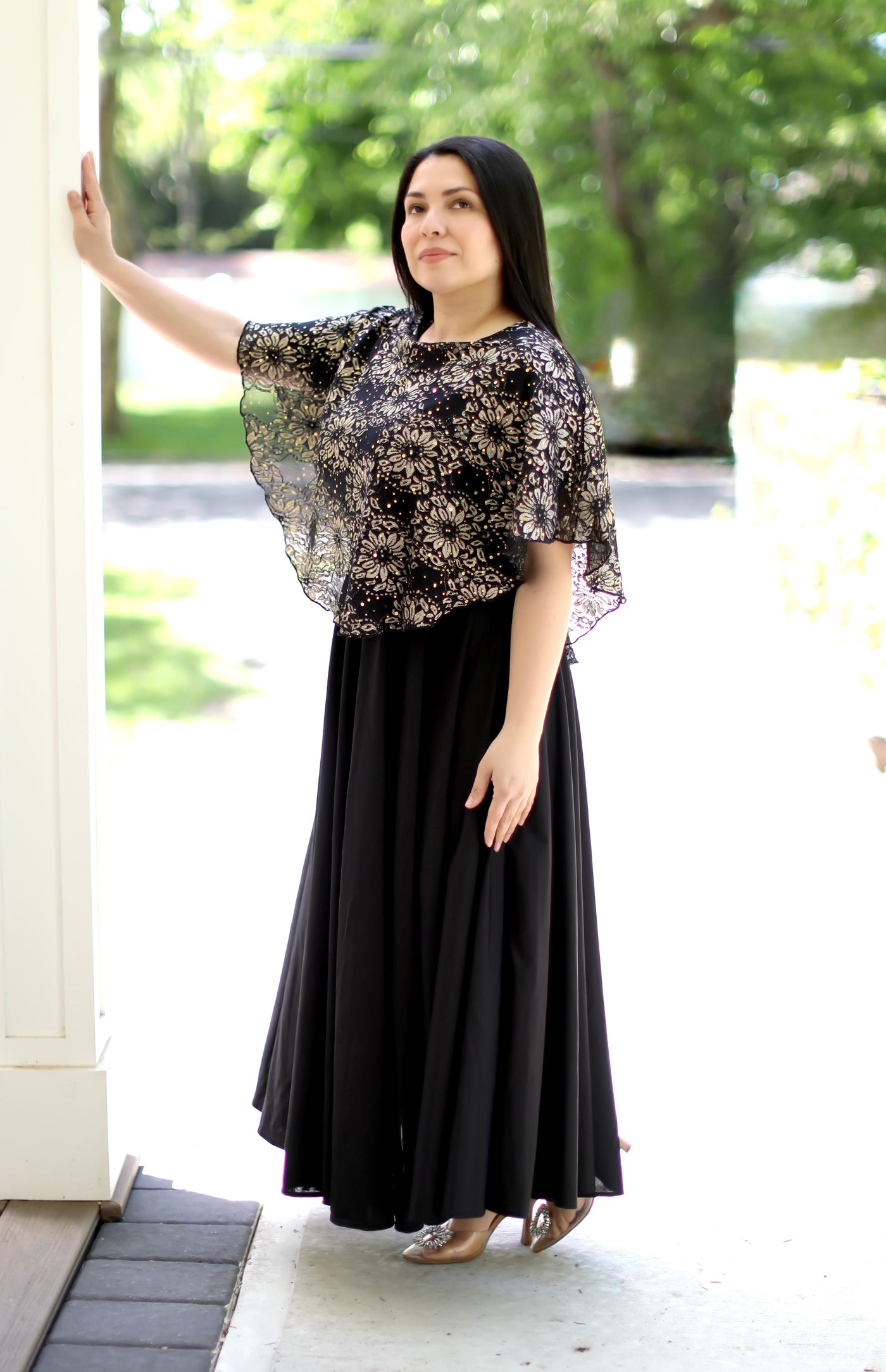 maxi dress with shawl Innovare Denim Hamon Split Shawl Satin Maxi Dress, S