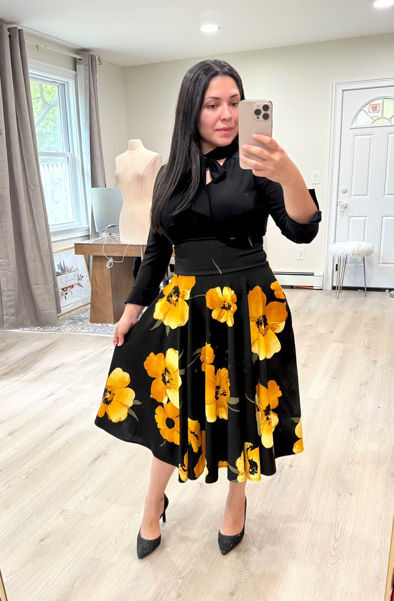 Black Yellow Flowers Midi Skirt