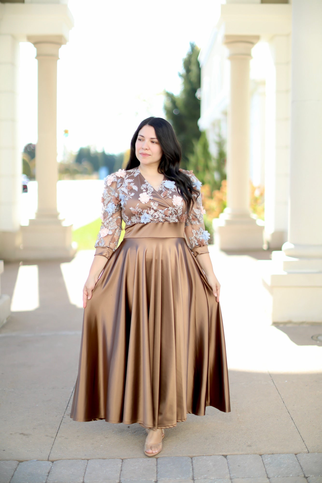 Sofia Caramel Appliqué Maxi Dress