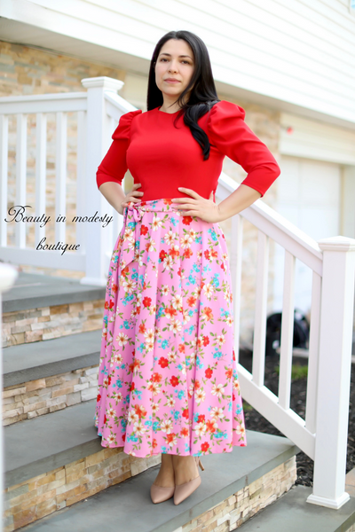 Liss Red / Pink Floral Midi Dress