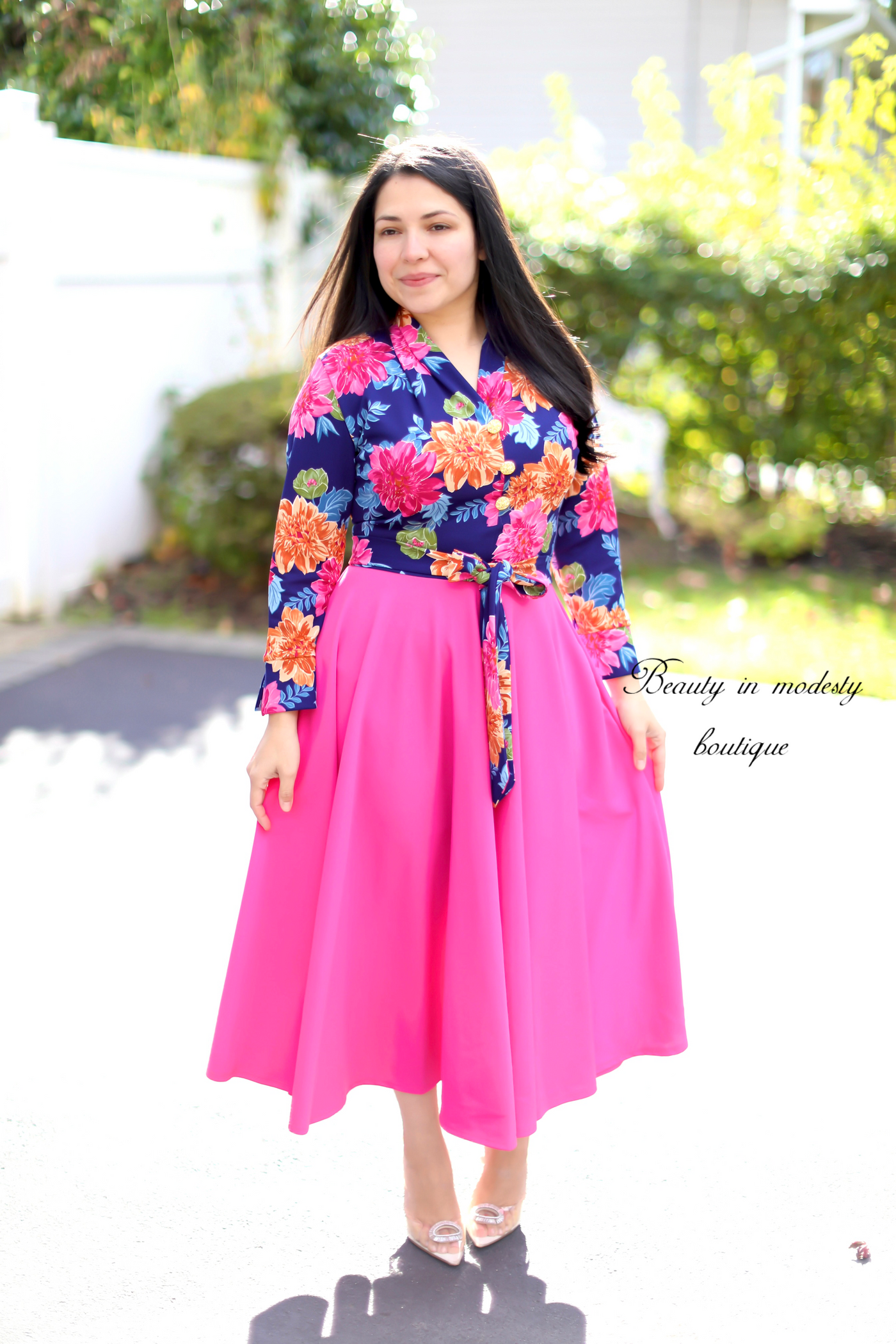 Ariella Floral/Fuscia Midi Dress