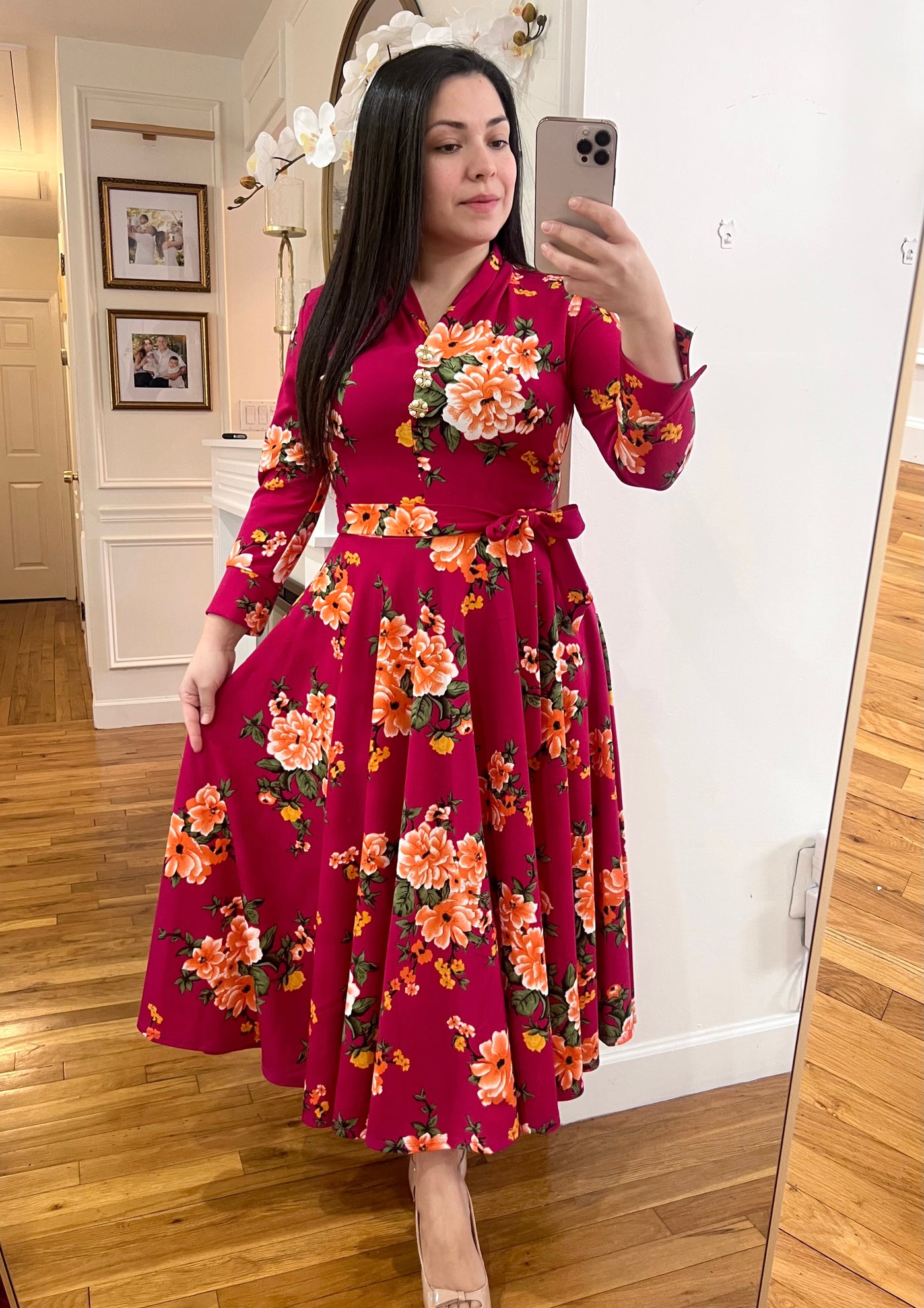 Ariella Floral Fuscia Midi Dress