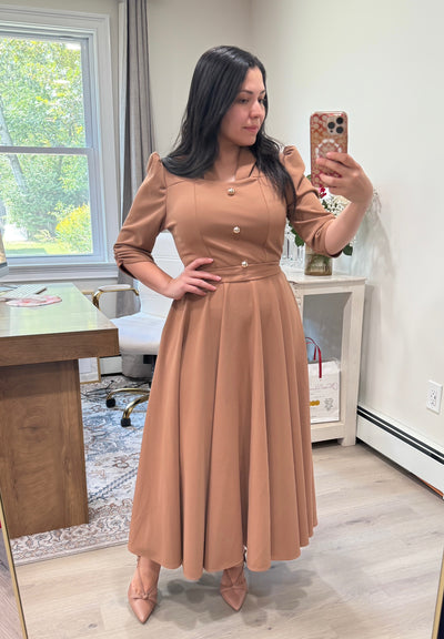 Khaki Gold Buttons Maxi Dress
