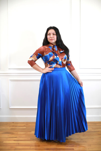 Raquel Cognac / Blue Pleated Maxi Dress