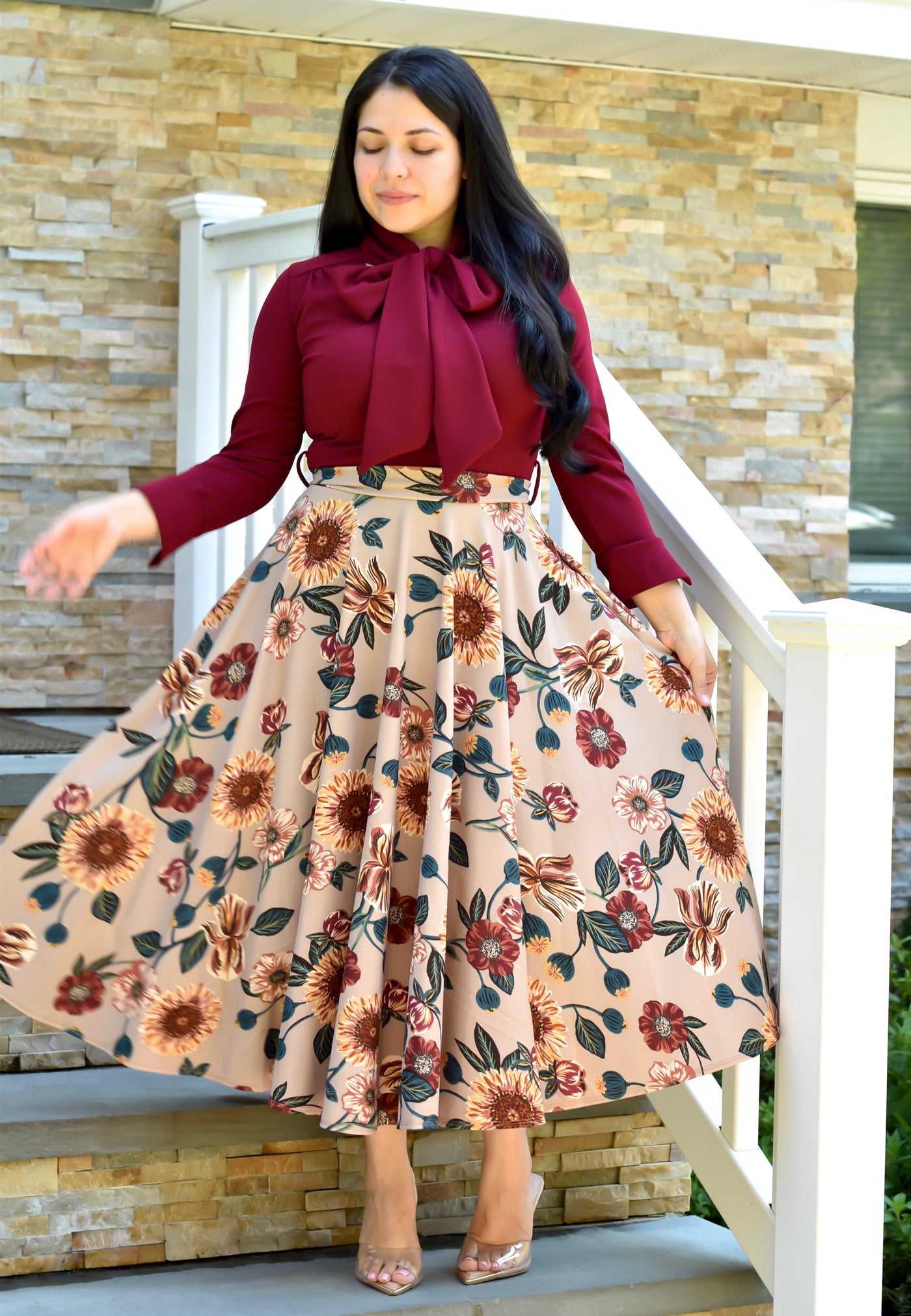 Abelina Burgundy/Beigefloral Maxi Dress