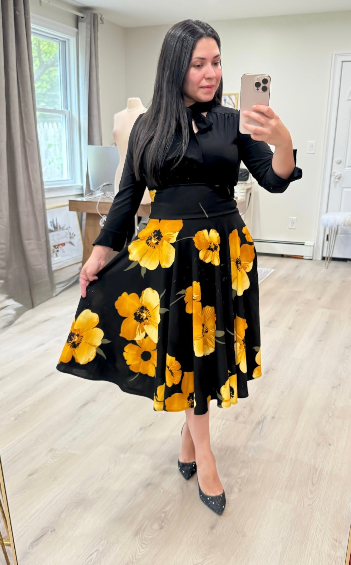 Black Yellow Flowers Midi Skirt
