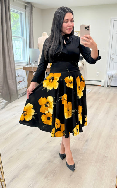 Black Yellow Flowers Midi Skirt