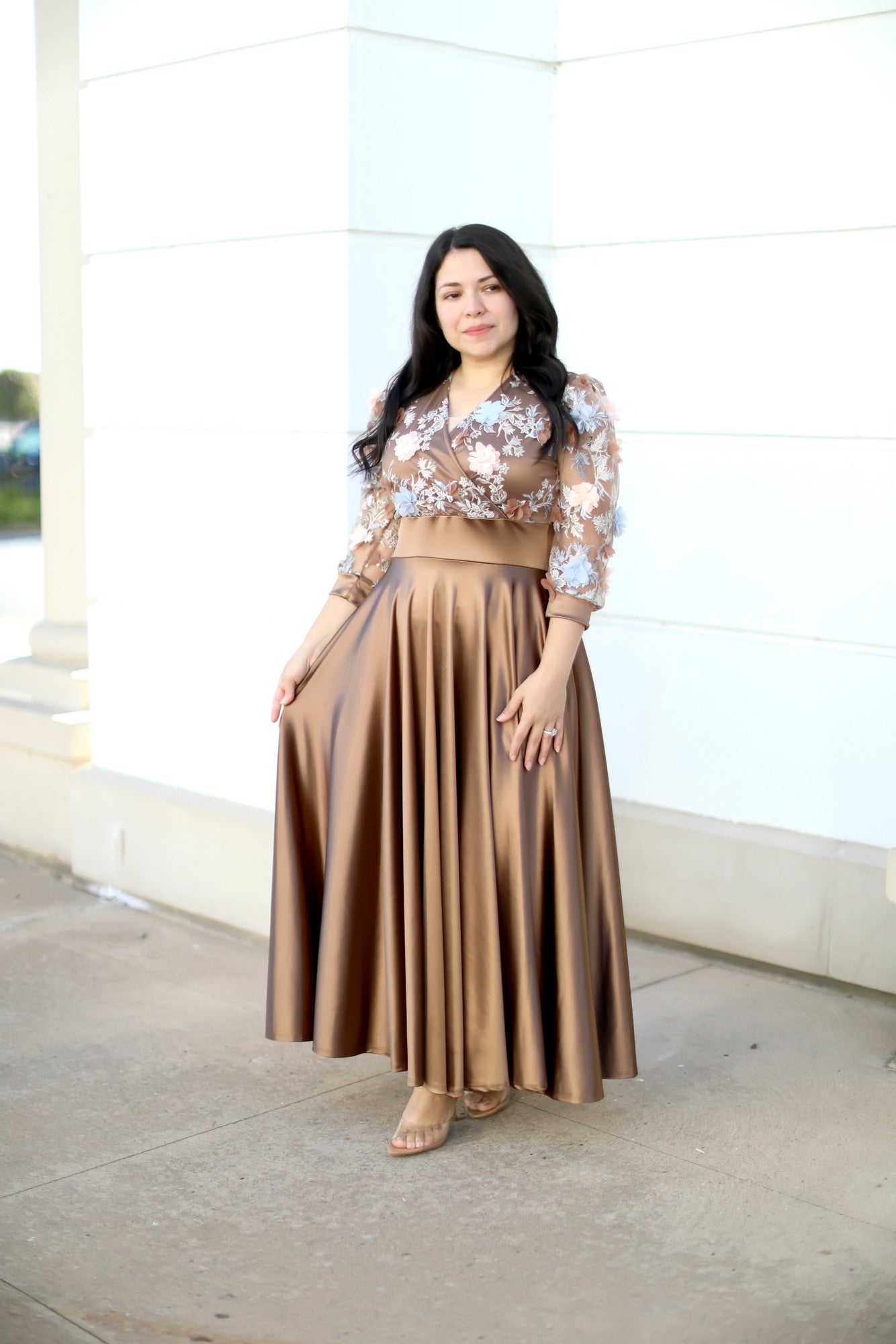 Sofia Caramel Appliqué Maxi Dress