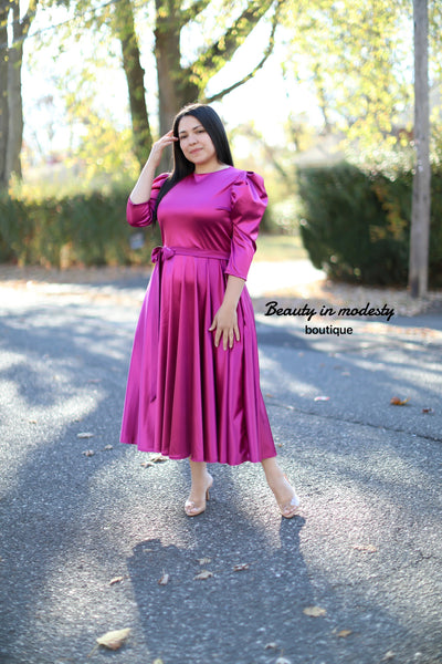 Magenta Satin Midi Dress