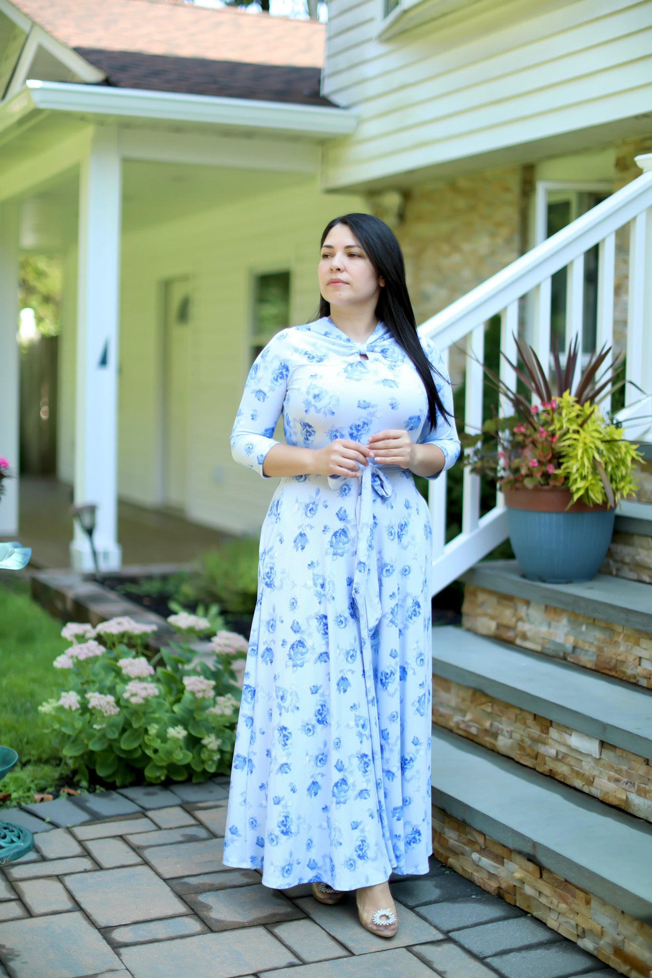 Soft Blue Roses Maxi Dress