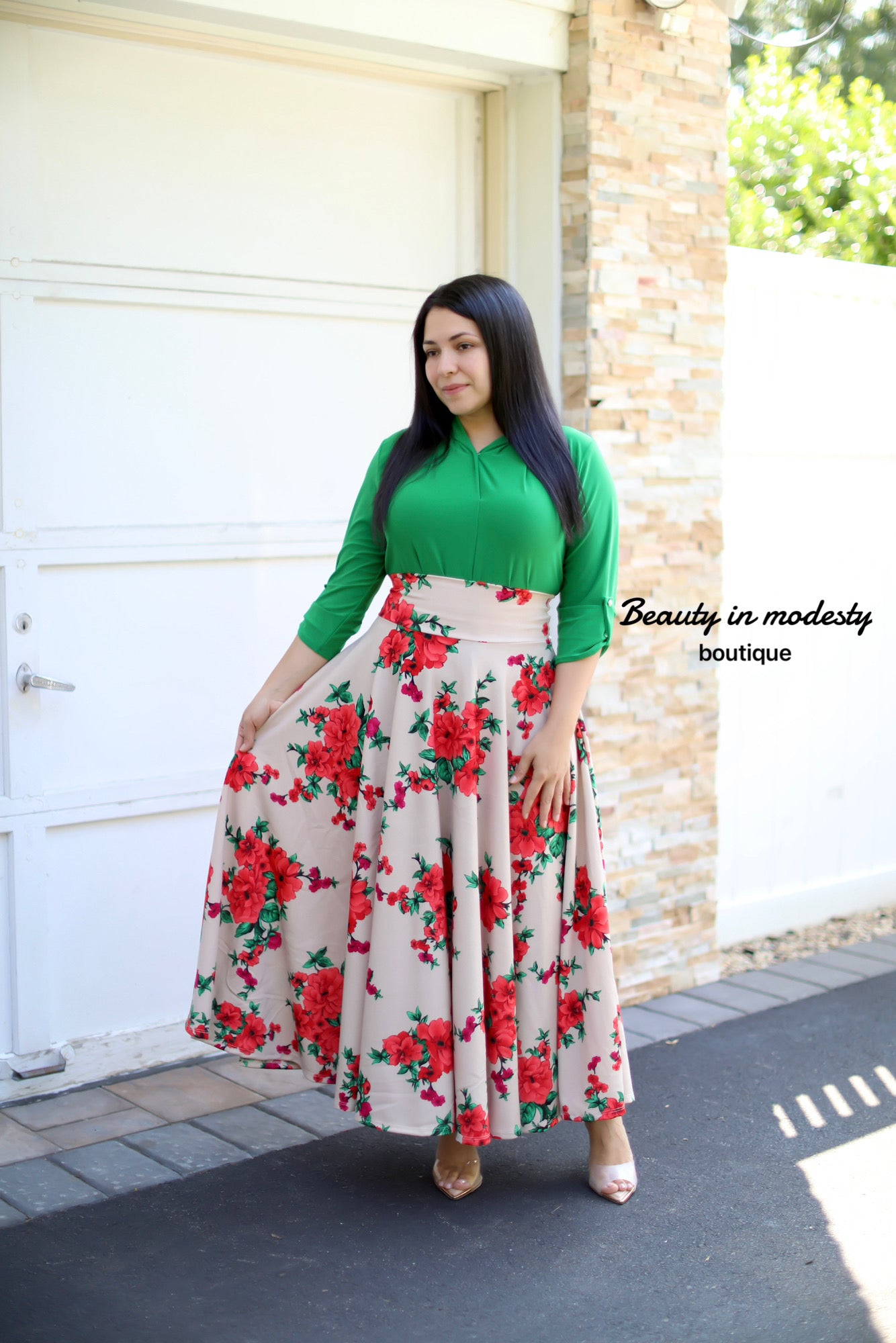 Beige Floral Maxi Skirt