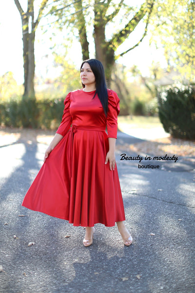 Red Satin Midi Dress