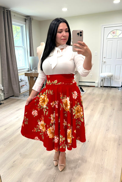 Red Floral Midi Skirt
