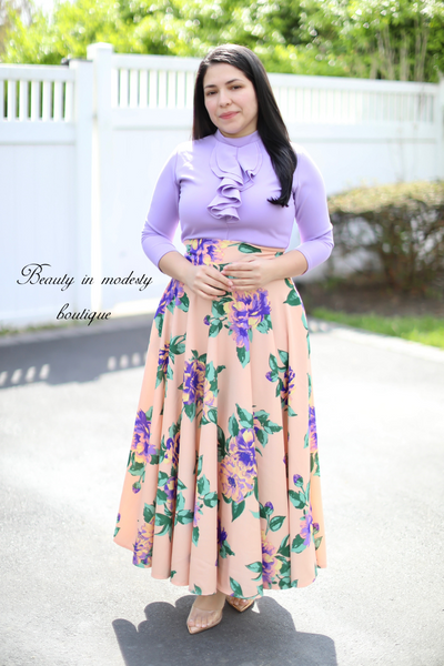 Beige Purple Floral Maxi Skirt