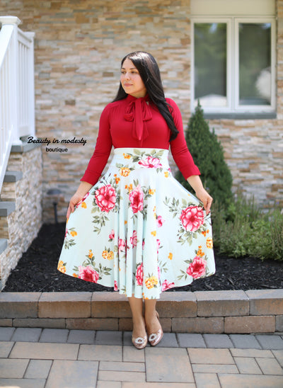 Mint Floral Midi Skirt