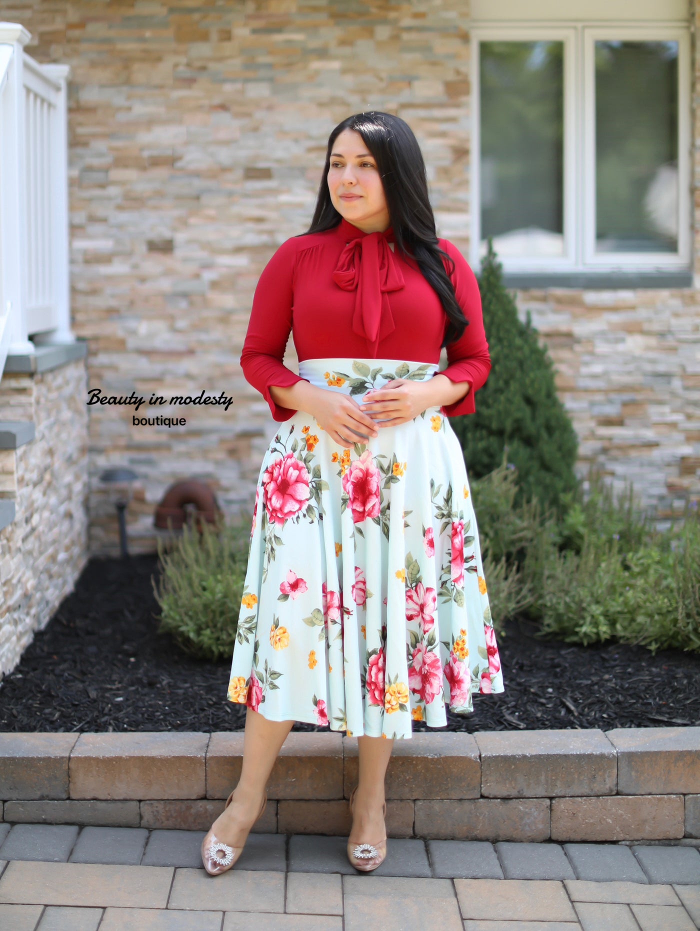 Mint Floral Midi Skirt