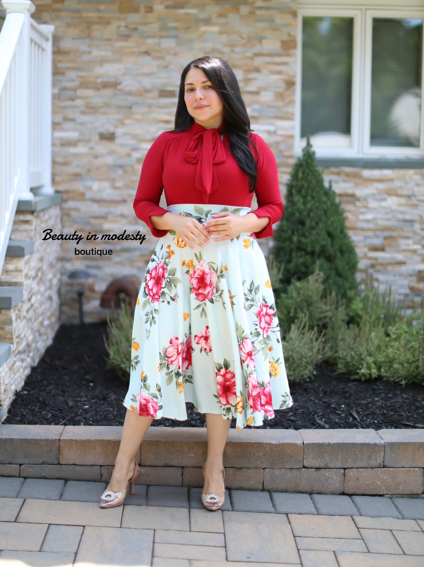 Mint Floral Midi Skirt