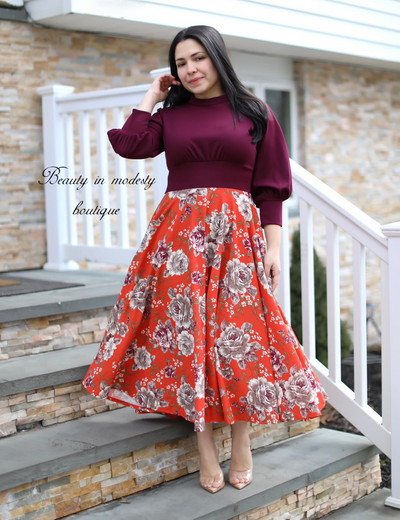 Princess Wine / Rust Floral Midi Dress