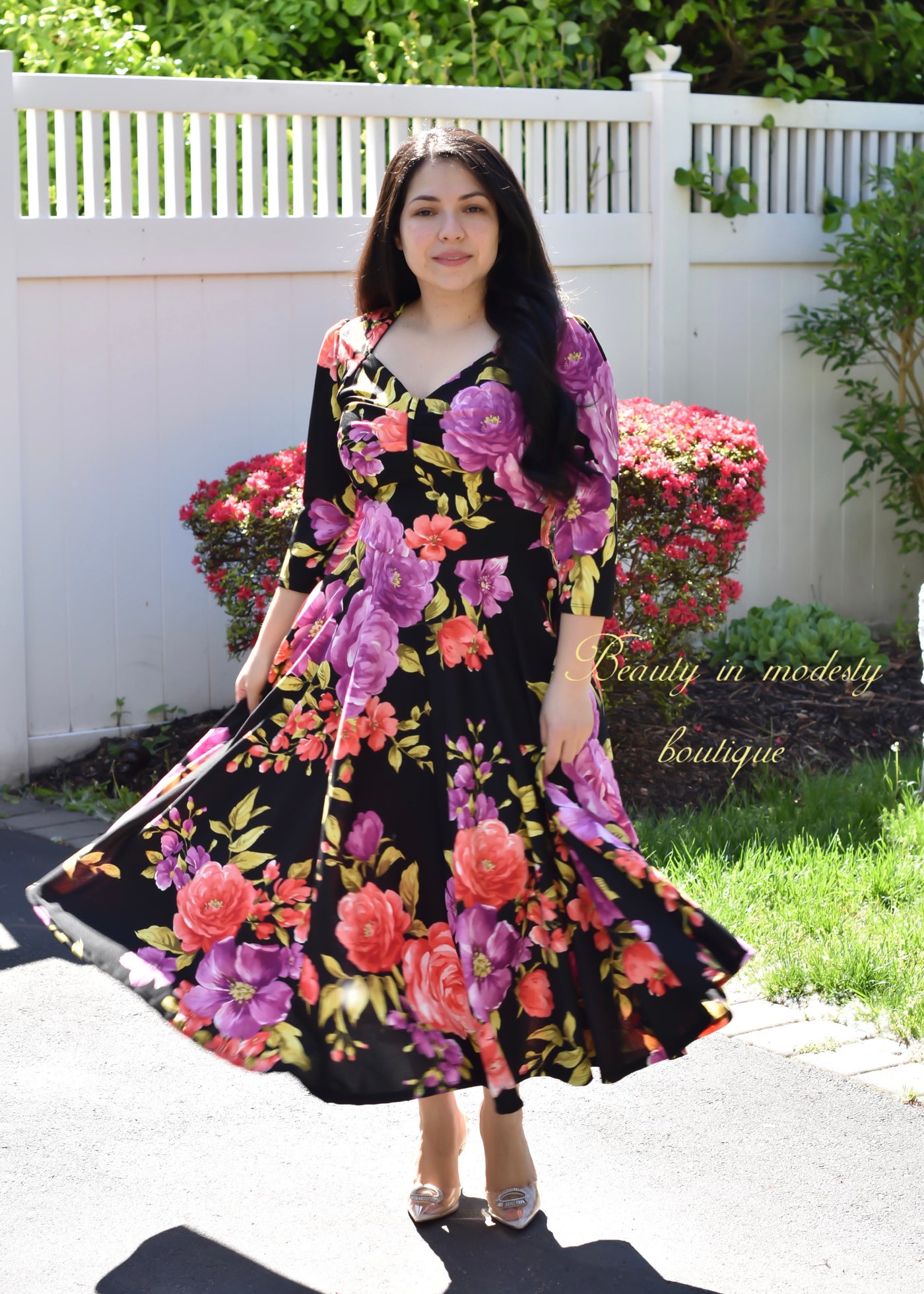 Black Floral Sweetheart Midi Dress
