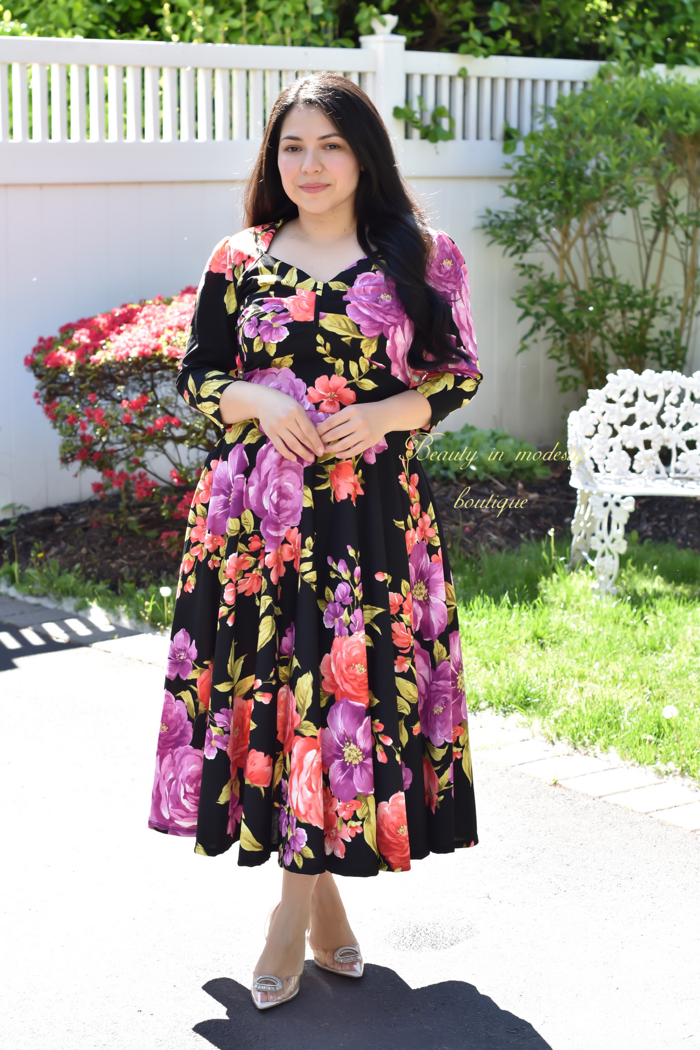 Black Floral Sweetheart Midi Dress