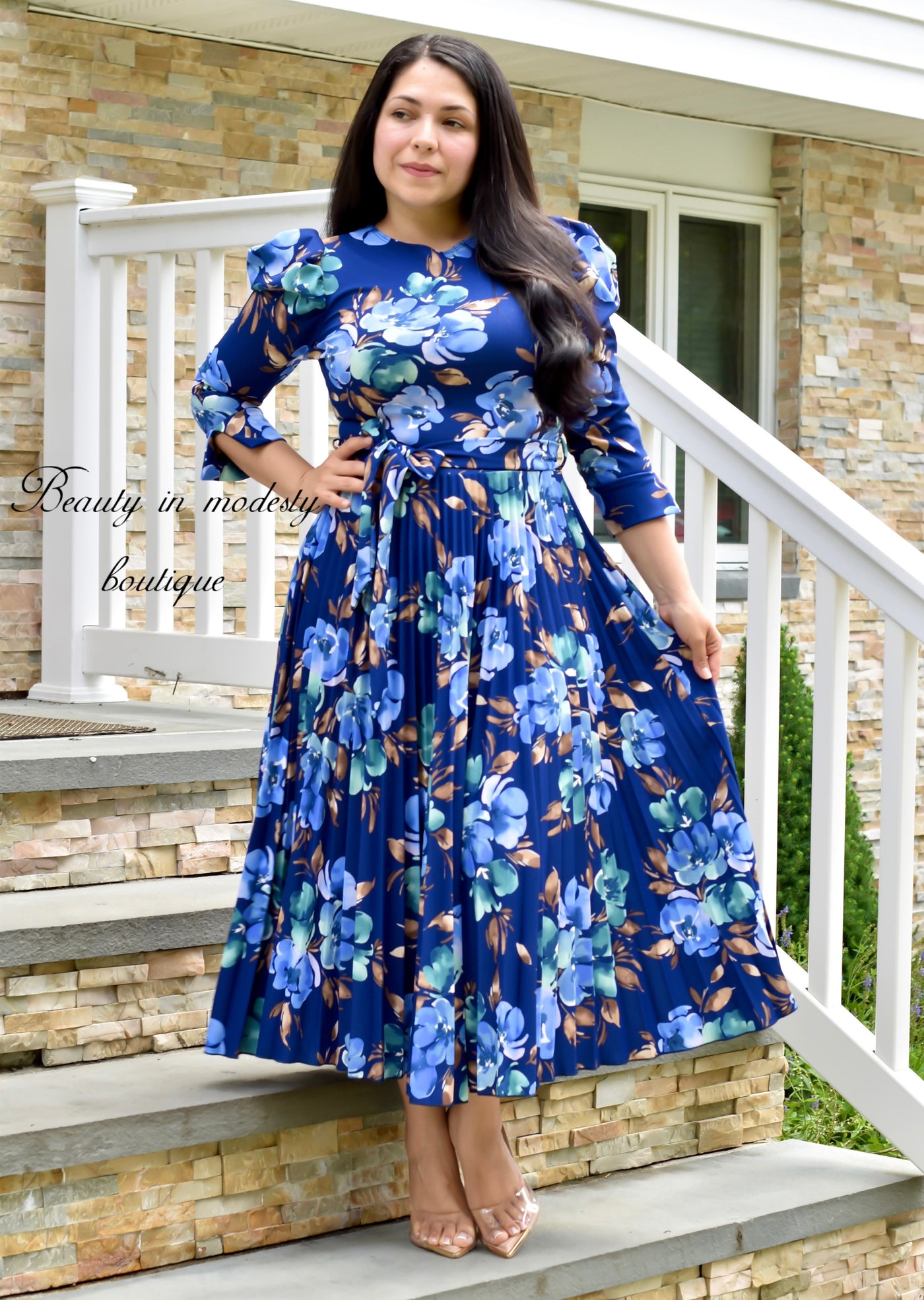 Blue Floral Pleated Midi Dress