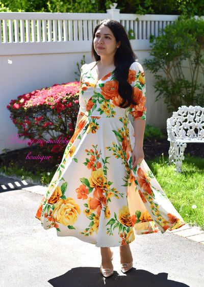 Ivory Floral Sweetheart Midi Dress