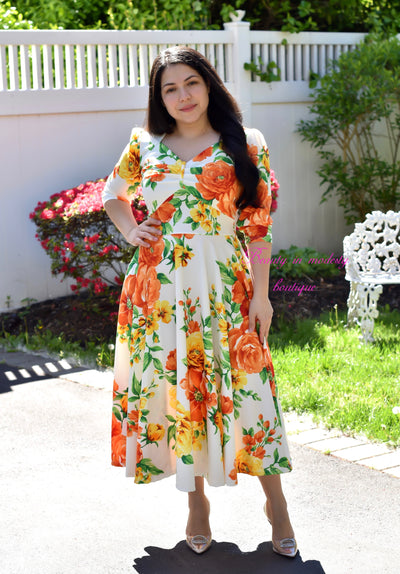Ivory Floral Sweetheart Midi Dress