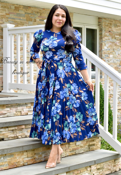 Blue Floral Pleated Midi Dress