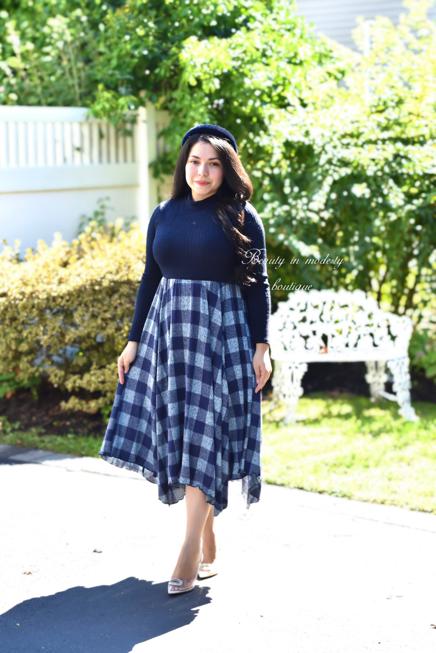 Navy Checkered Midi Dress