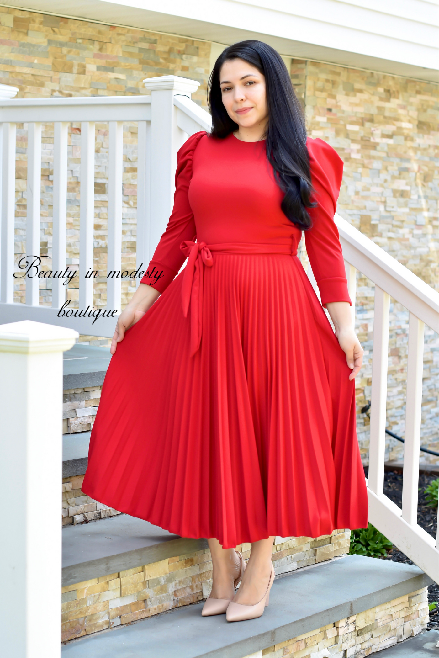 Red Pleated Midi Dress