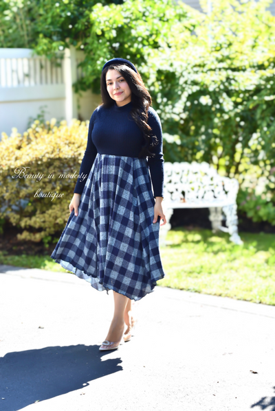 Navy Checkered Midi Dress