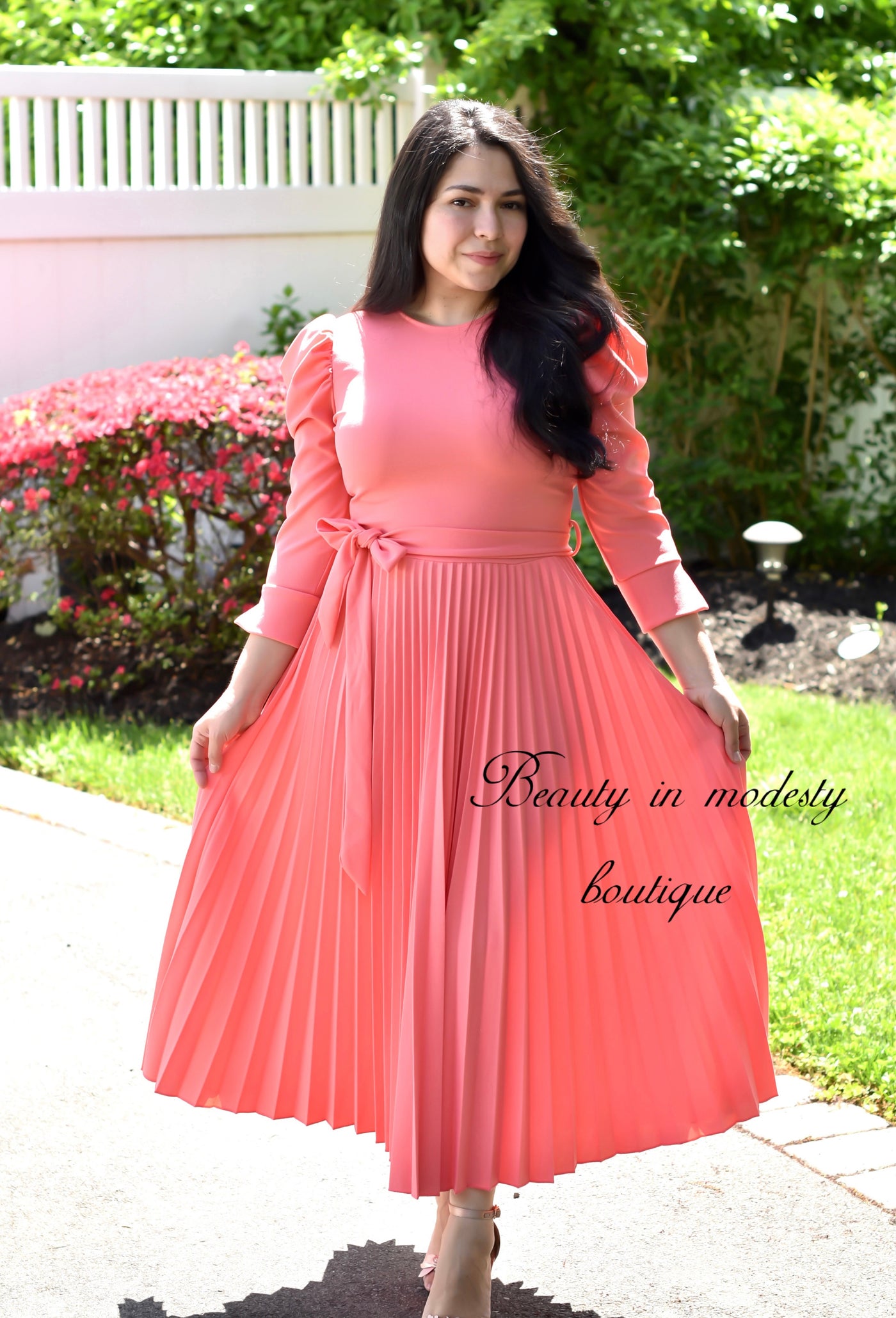 Peach Pleated Midi Dress